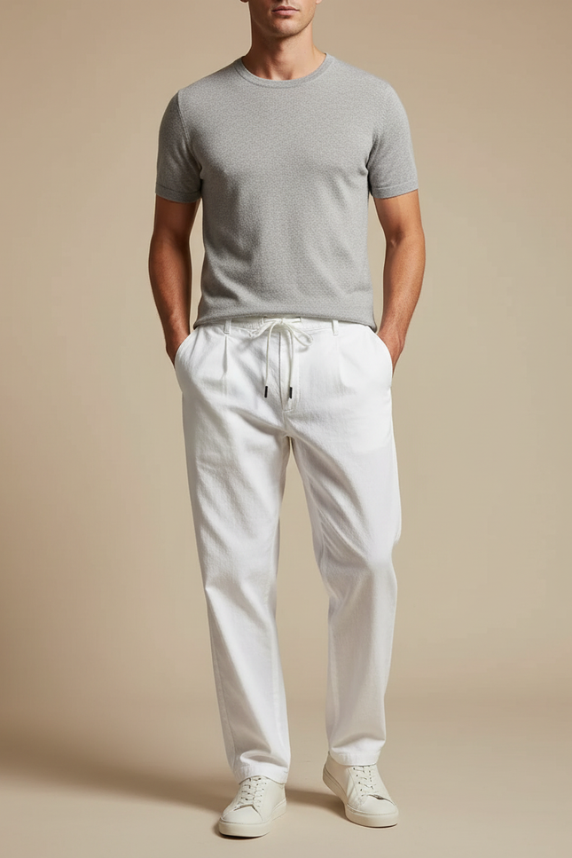 Pantalon Chino Blanc Coton Droit Cordon Homme Décontracté