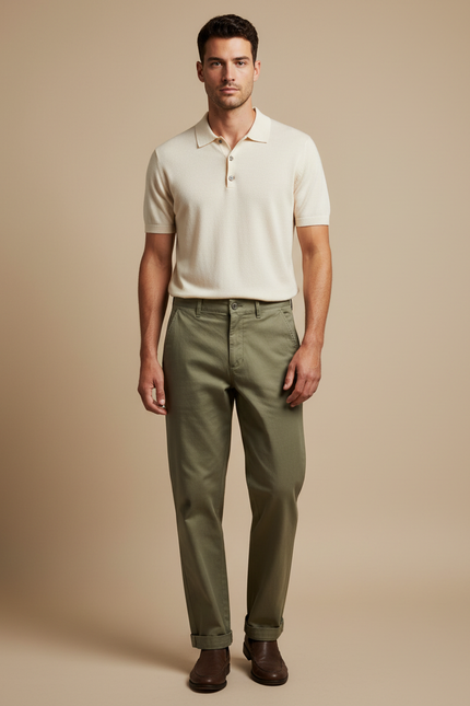 Pantalon Chino Vert Olive Coton Droit Homme - Kaki