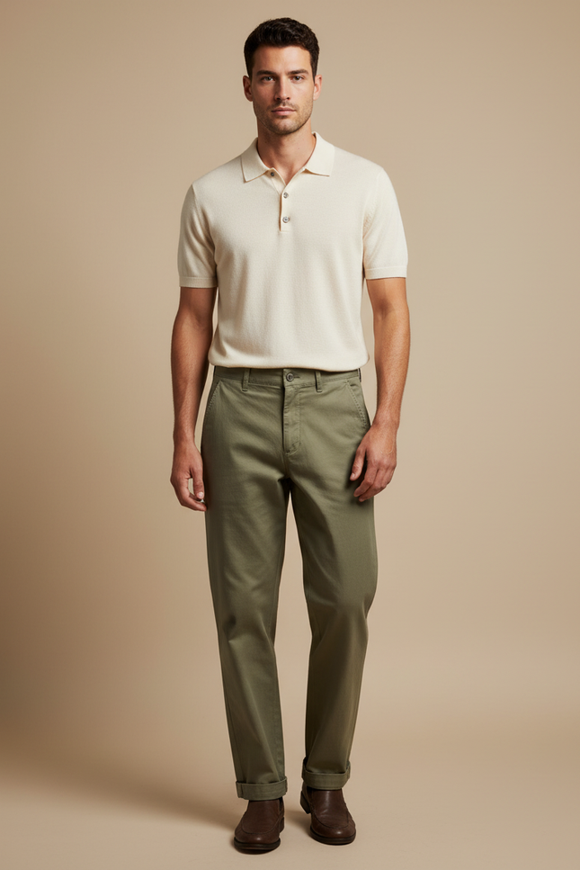 Pantalon Chino Vert Olive Coton Droit Homme - Kaki