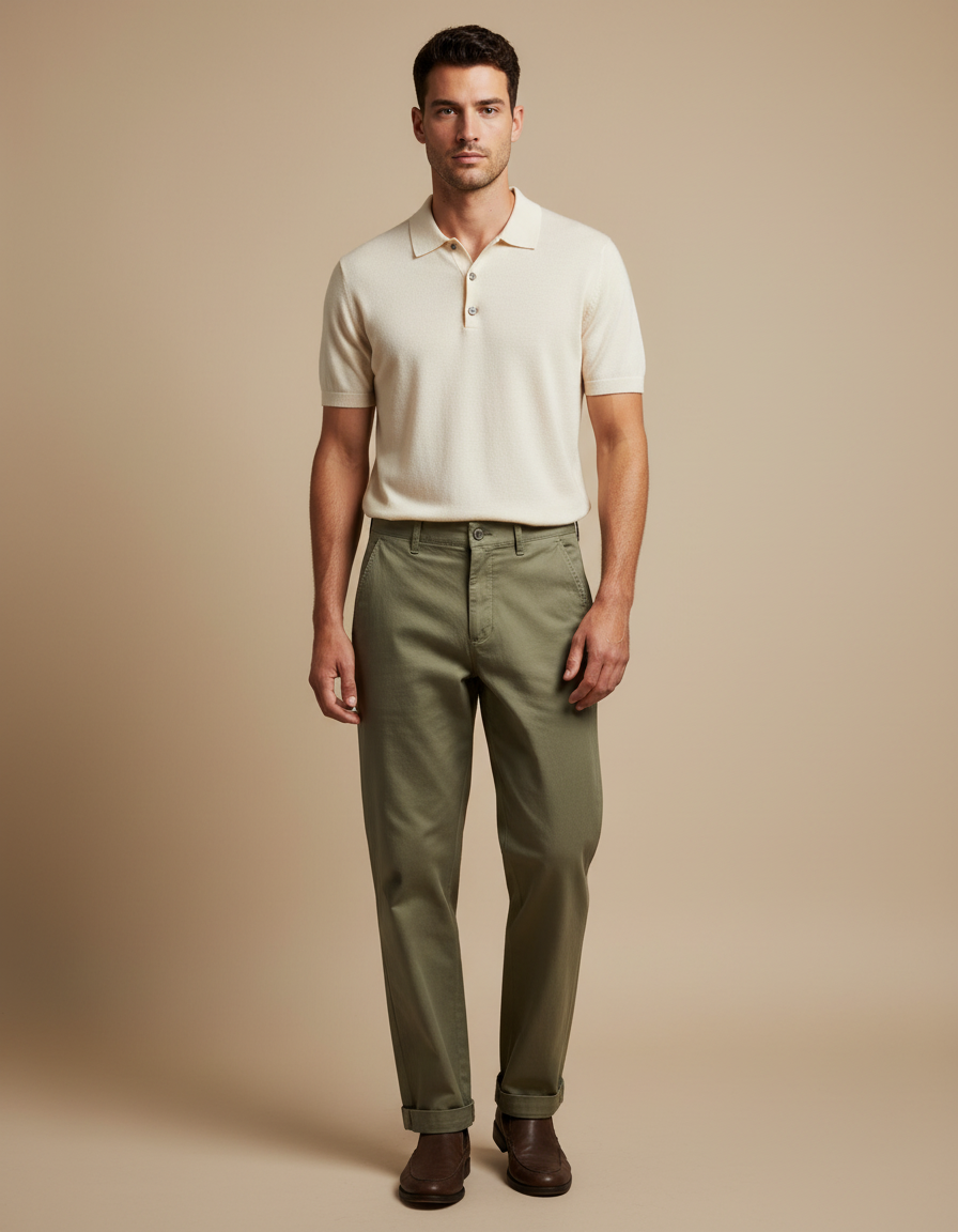 Pantalon Chino Vert Olive Coton Droit Homme - Kaki