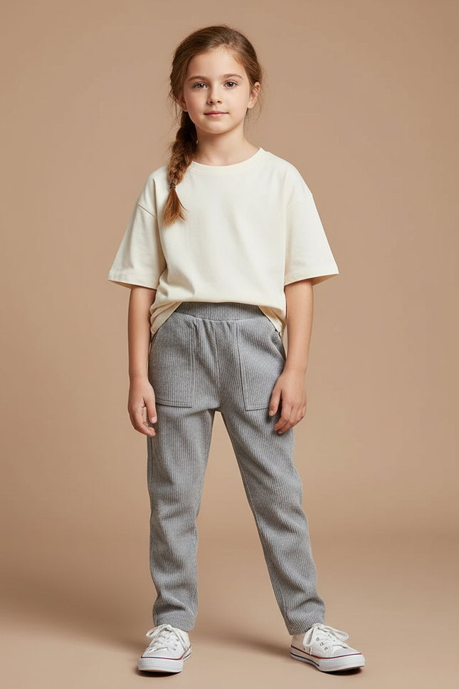Pantalon Chino Gris Côtelé Confortable Décontracté Enfant - Cordé
