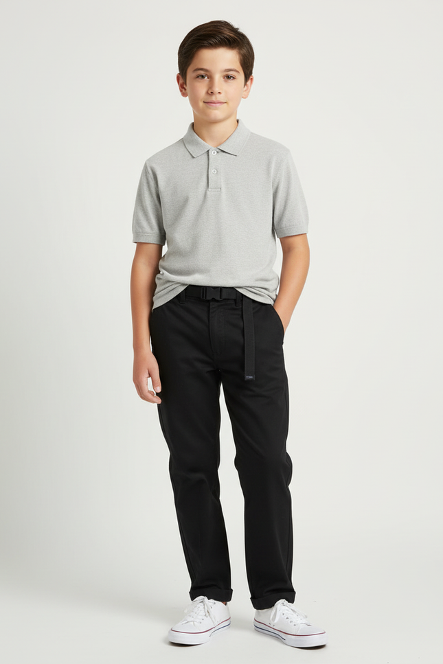 Pantalon Chino Noir Coton Décontracté Ceinturé Garçon