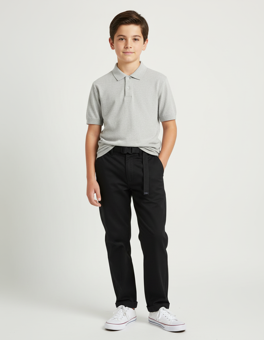 Pantalon Chino Noir Coton Décontracté Ceinturé Garçon