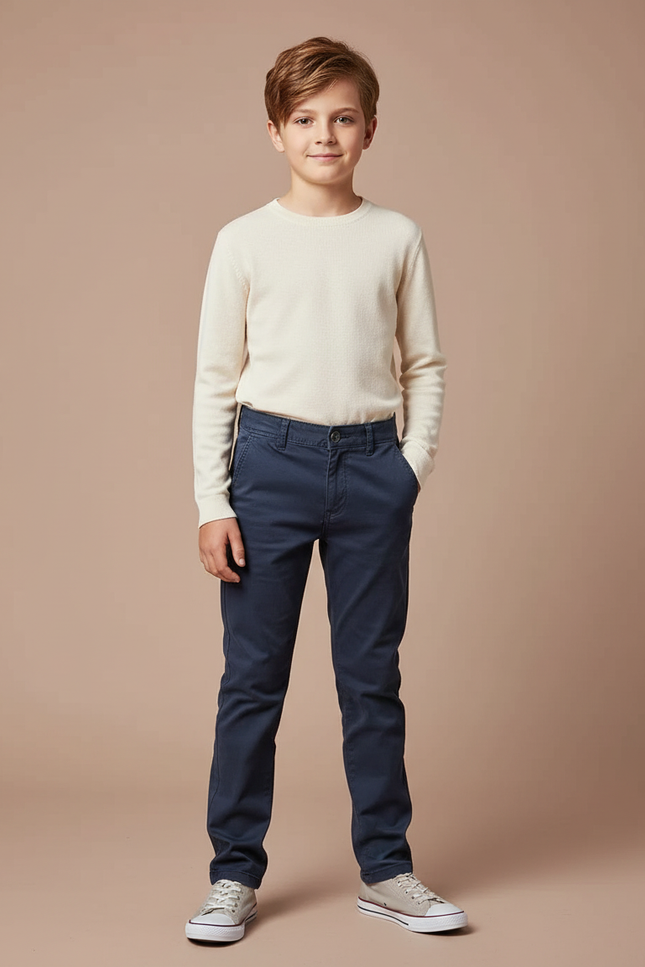 Pantalon Chino Bleu Marine Coton Droit Enfant Décontracté