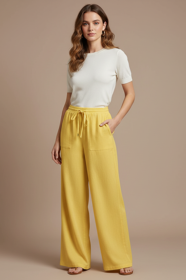 Pantalon Chino Jaune Ample Fluide Décontracté Femme - Lin