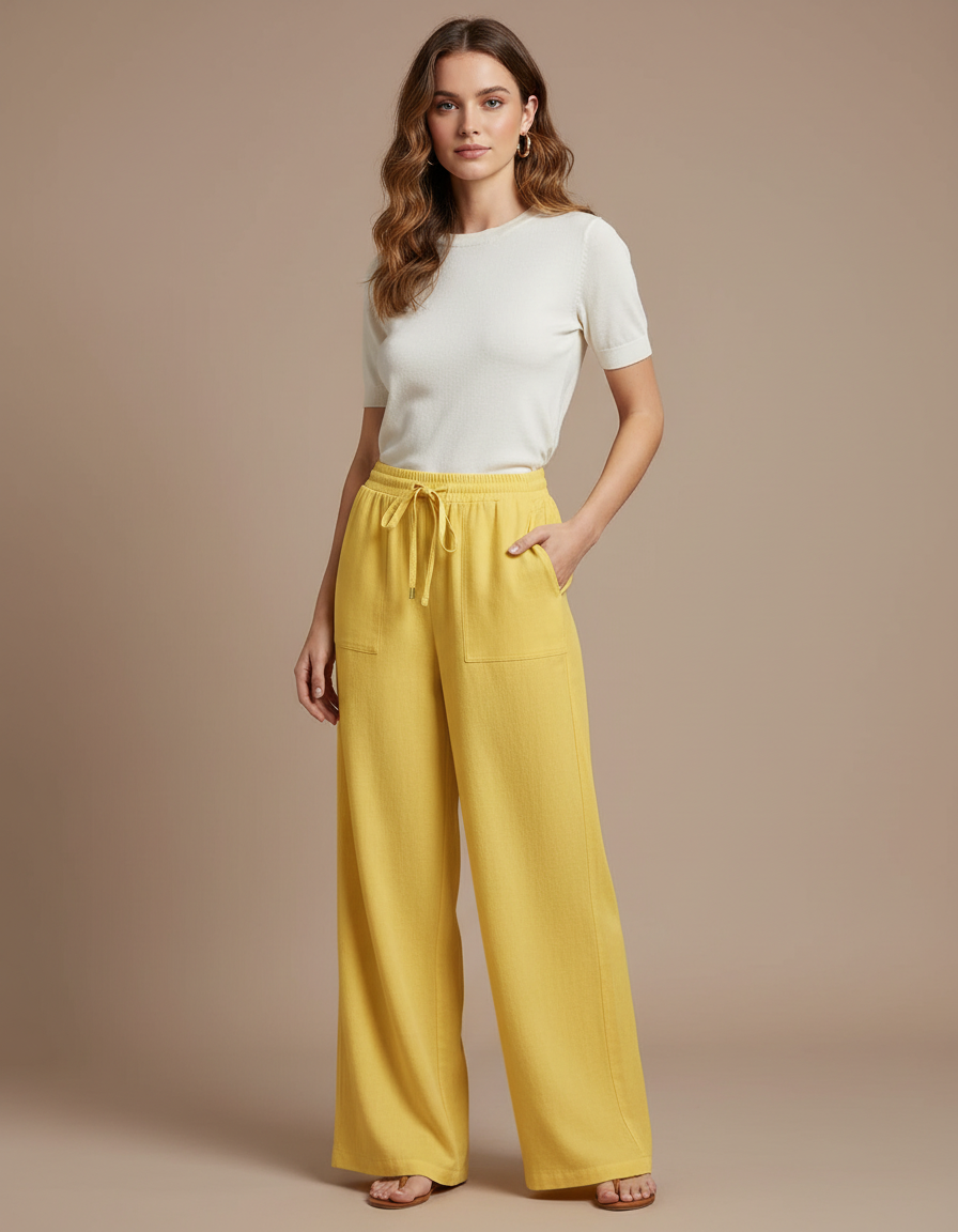 Pantalon Chino Jaune Ample Fluide Décontracté Femme - Lin