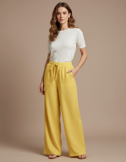 Pantalon Chino Jaune Ample Fluide Décontracté Femme - Lin