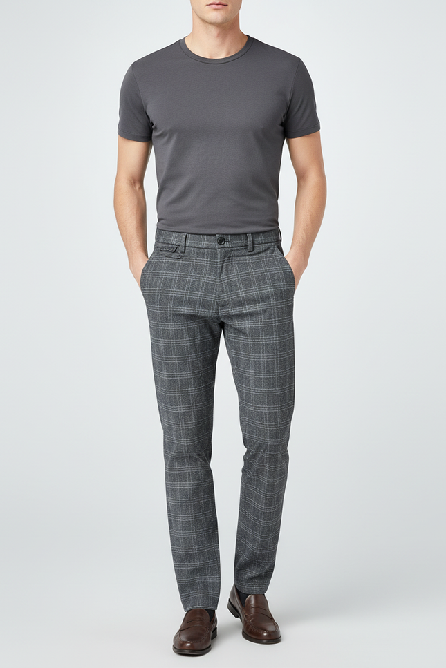 Pantalon Chino Gris Carreaux Homme Droit Élégant - Laine