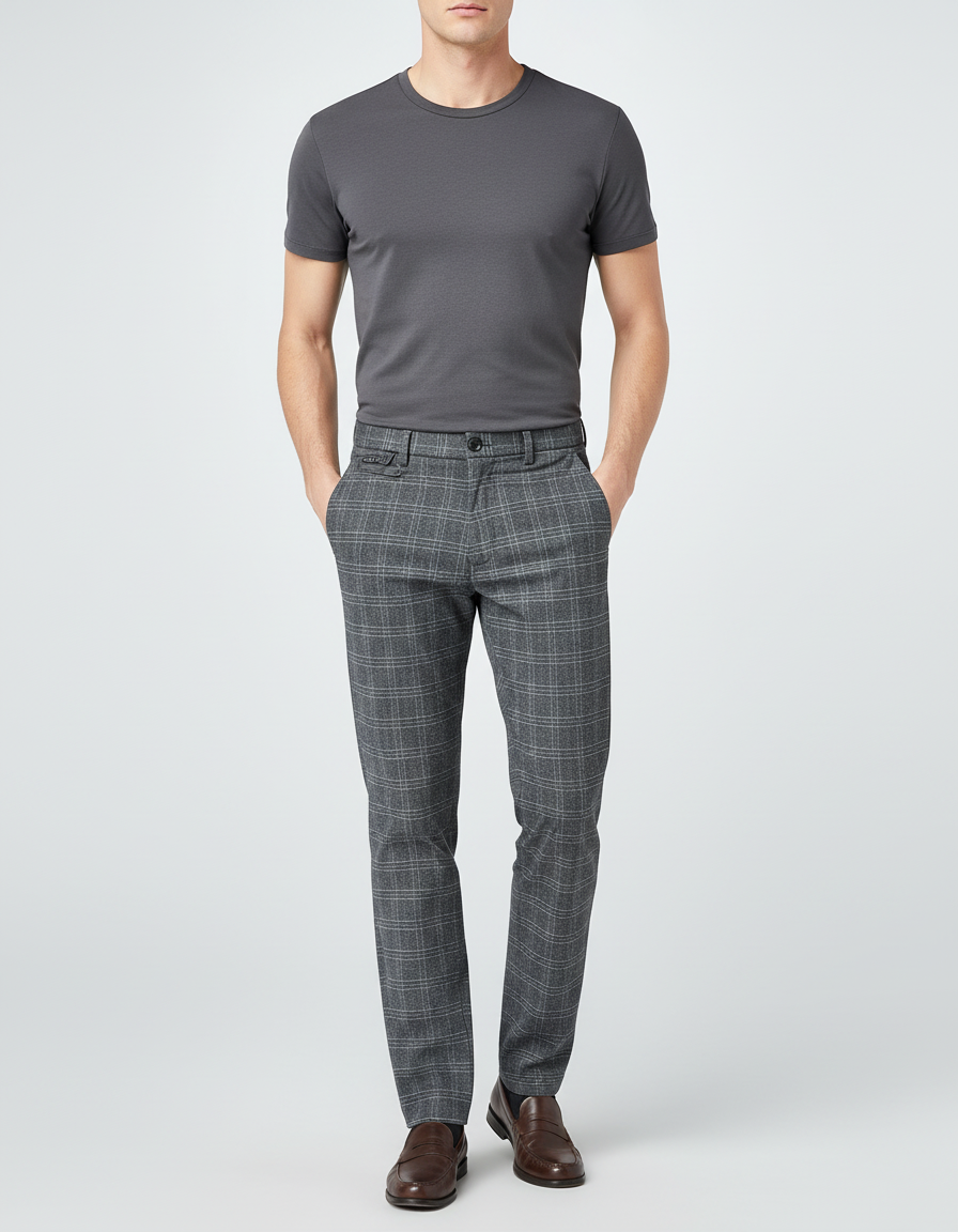 Pantalon Chino Gris Carreaux Homme Droit Élégant - Laine
