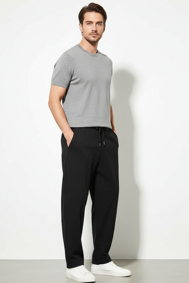 Pantalon Chino Noir Ample Coton Cordon Décontracté - Maille
