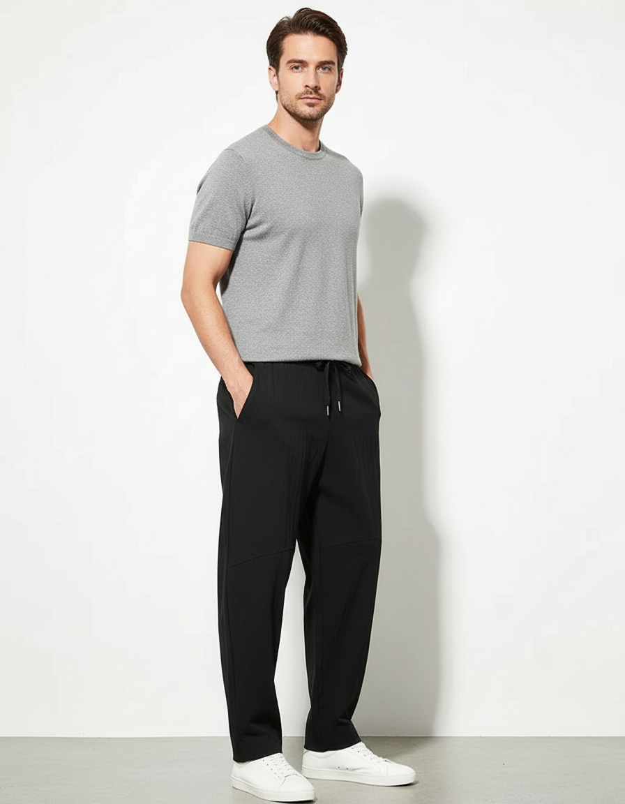 Pantalon Chino Noir Ample Coton Cordon Décontracté - Maille