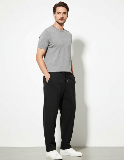 Pantalon Chino Noir Ample Coton Cordon Décontracté - Maille