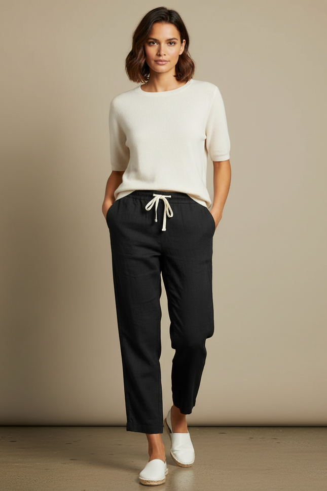 Pantalon Chino Noir Lin Ample Cordon Décontracté