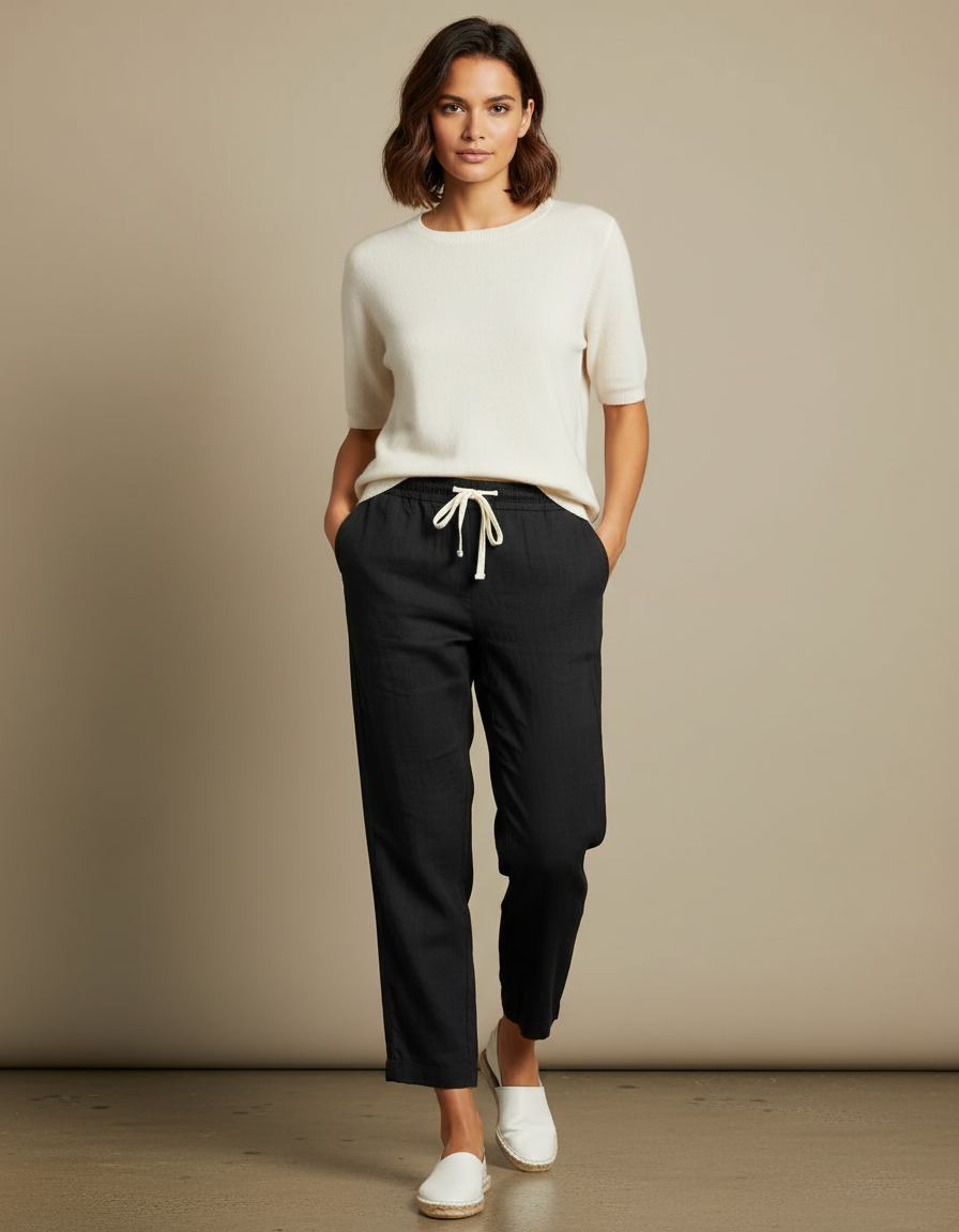Pantalon Chino Noir Lin Ample Cordon Décontracté