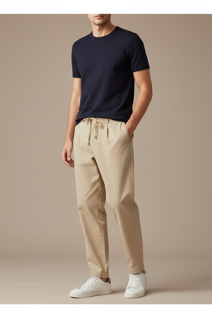 Pantalon Chino Beige Cordon Décontracté Lin Coton Homme