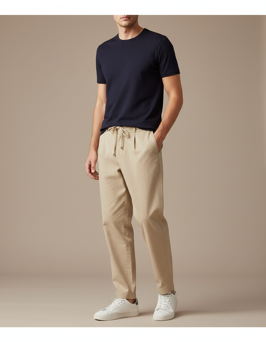 Pantalon Chino Beige Cordon Décontracté Lin Coton Homme