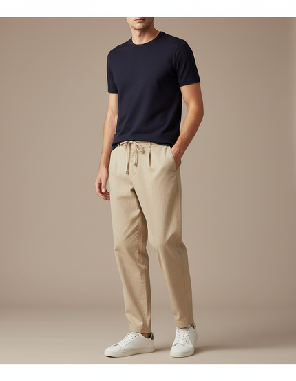 Pantalon Chino Beige Cordon Décontracté Lin Coton Homme