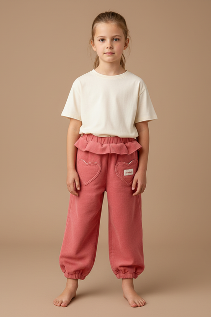 Pantalon Chino Rose Enfant Ample Molleton Cœurs