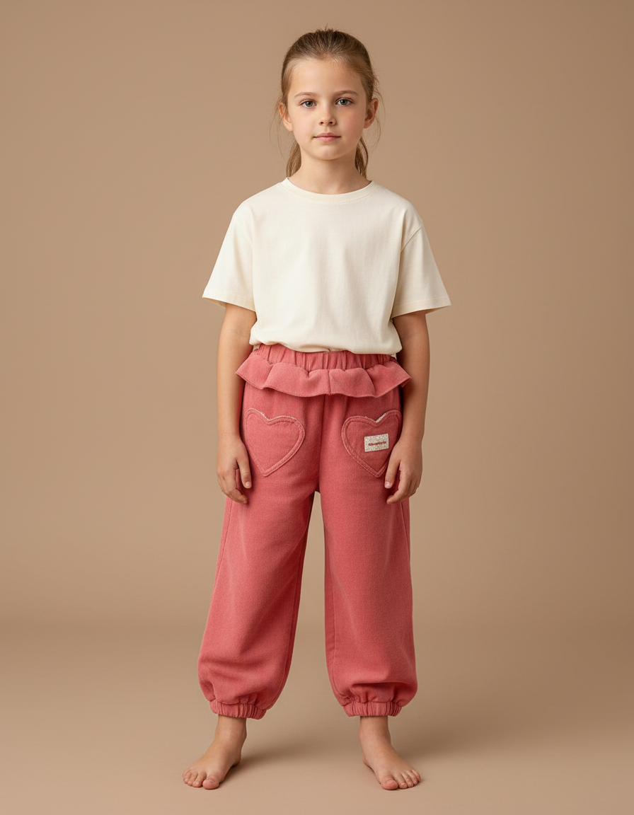 Pantalon Chino Rose Enfant Ample Molleton Cœurs