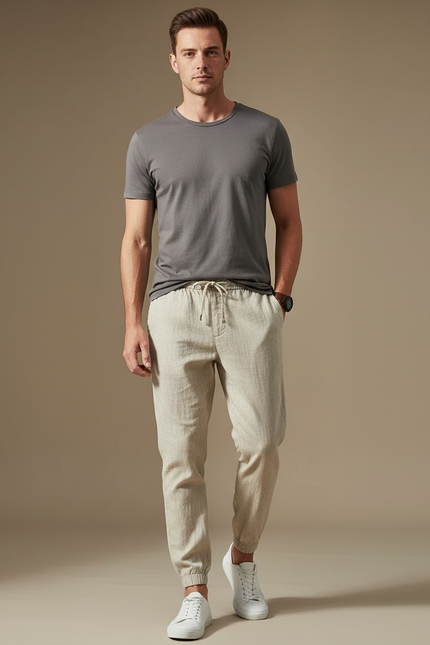 Pantalon Chino Lin Beige Cordon Décontracté Homme