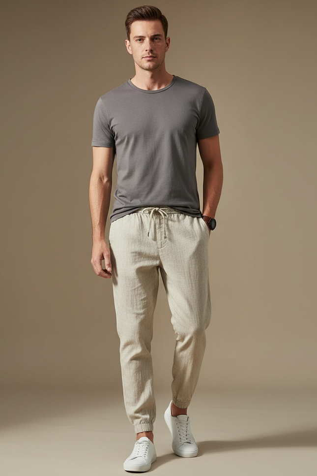 Pantalon Chino Lin Beige Cordon Décontracté Homme