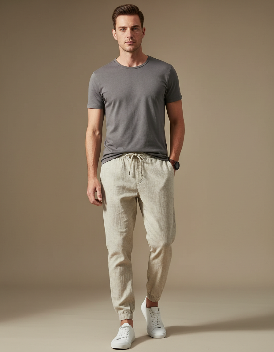 Pantalon Chino Lin Beige Cordon Décontracté Homme