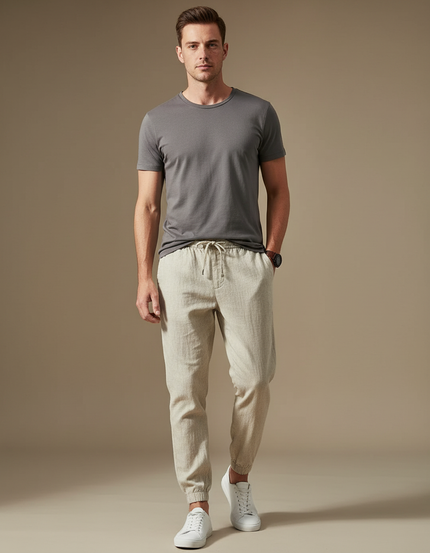 Pantalon Chino Lin Beige Cordon Décontracté Homme