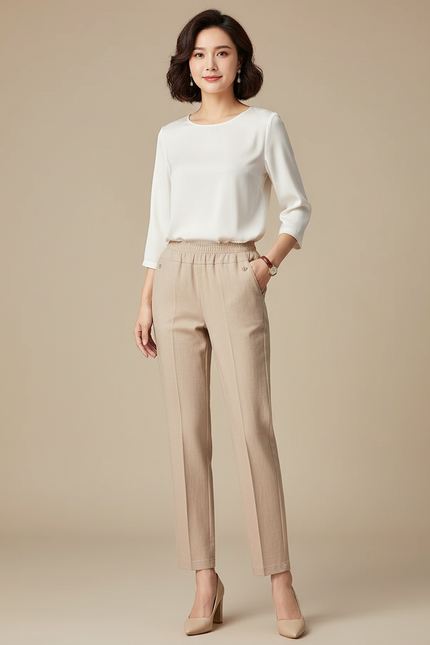 Pantalon Chino Beige Coupe Droite Élastique Femme - Coton