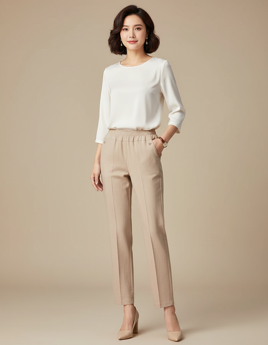 Pantalon Chino Beige Coupe Droite Élastique Femme - Coton