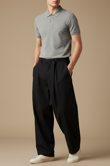 Pantalon Chino Noir Ample Coton Cordon Décontracté Homme