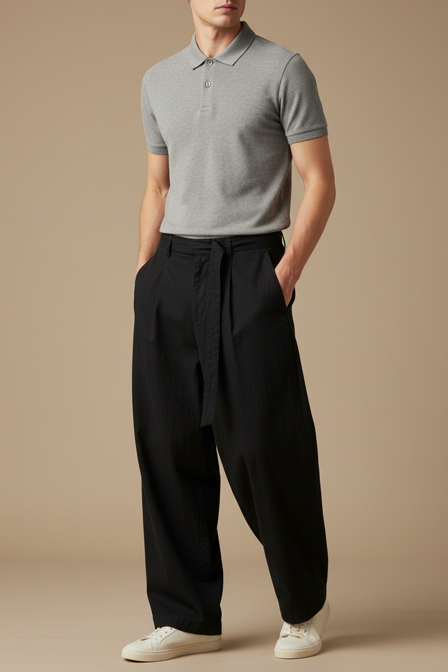 Pantalon Chino Noir Ample Coton Cordon Décontracté Homme