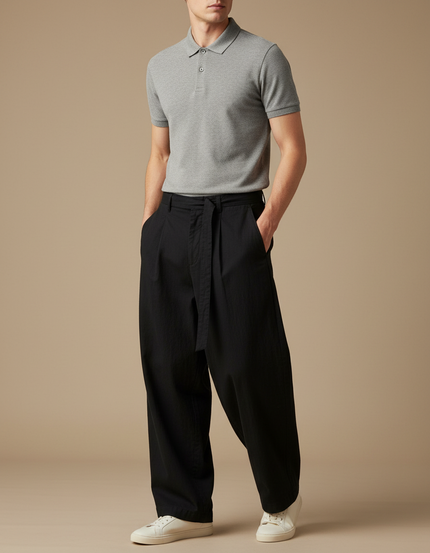Pantalon Chino Noir Ample Coton Cordon Décontracté Homme