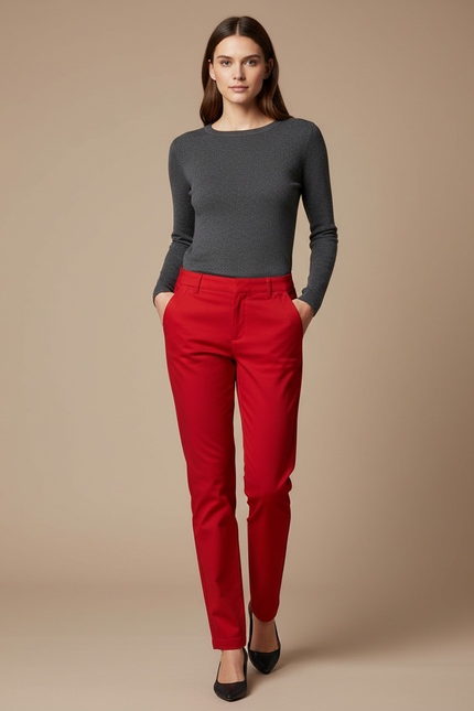Pantalon Chino Rouge Élastique Slim Élégant Femme - Gabardine