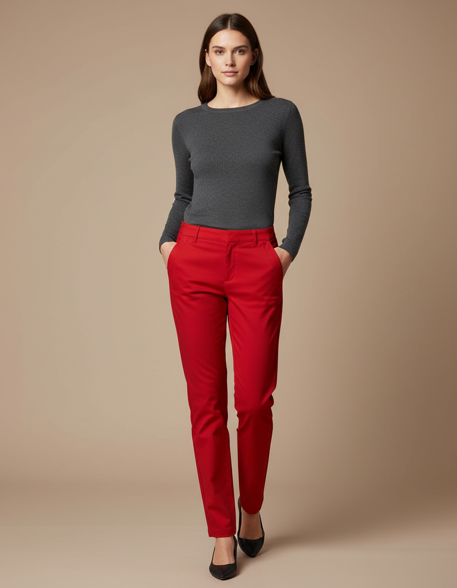Pantalon Chino Rouge Élastique Slim Élégant Femme - Gabardine