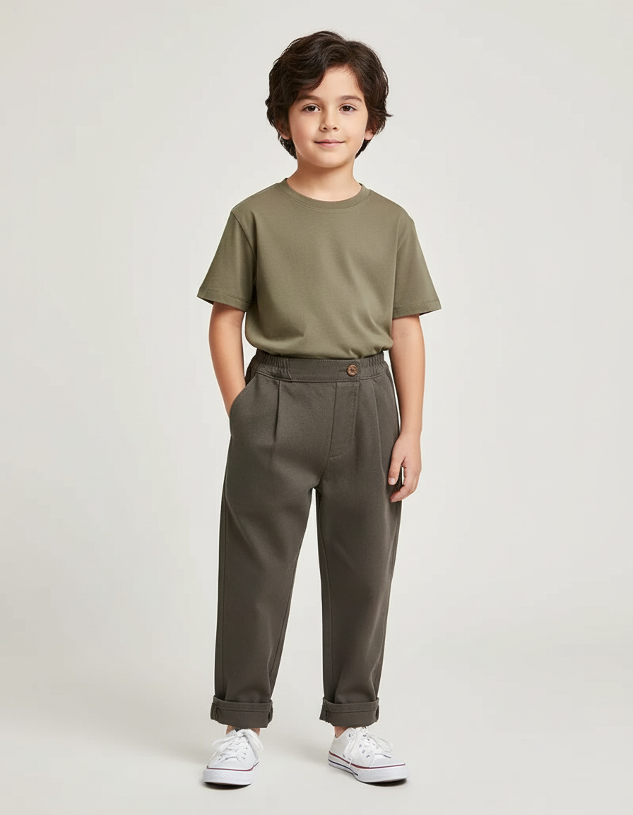 Pantalon Chino Kaki Ample Plissé Coton Enfant - Molleton