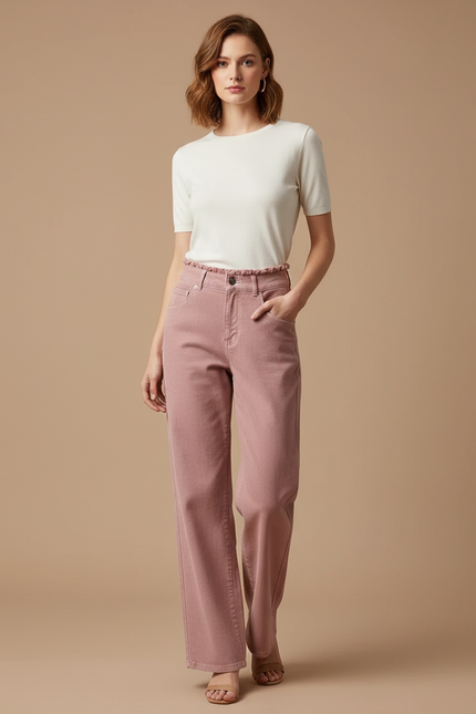 Pantalon Chino Rose Large Décontracté Taille Haute - Jean