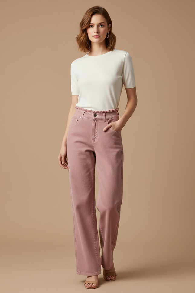 Pantalon Chino Rose Large Décontracté Taille Haute - Jean