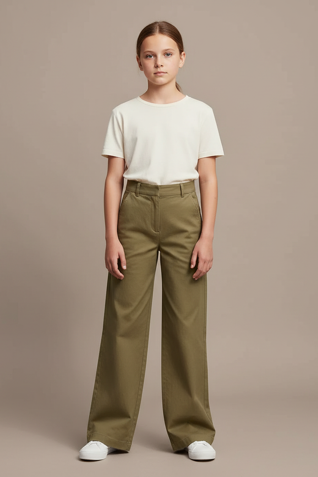 Pantalon Chino Kaki Ample Décontracté Fille - Gabardine