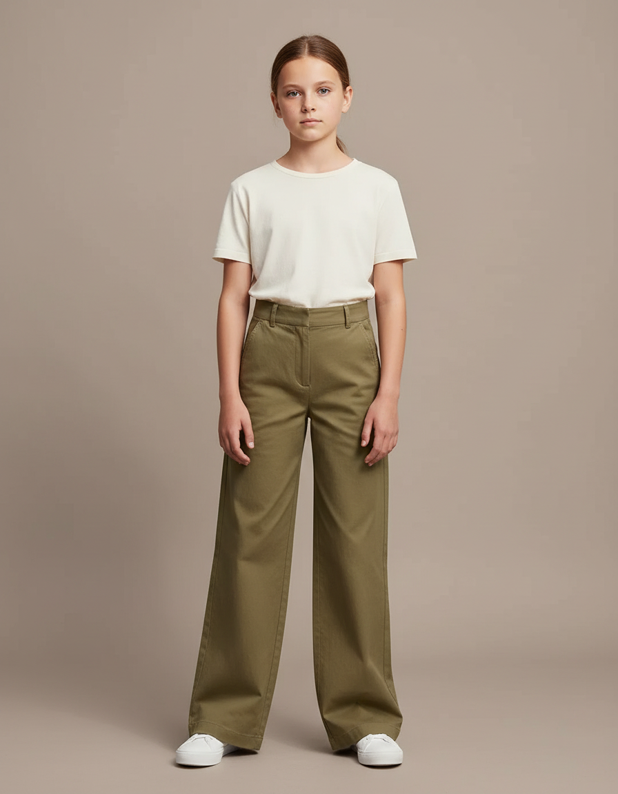 Pantalon Chino Kaki Ample Décontracté Fille - Gabardine