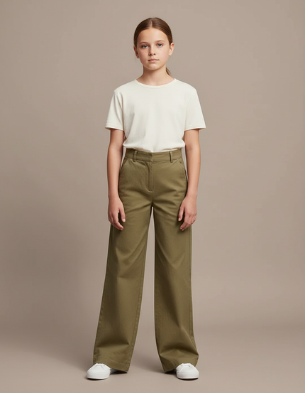 Pantalon Chino Kaki Ample Décontracté Fille - Gabardine