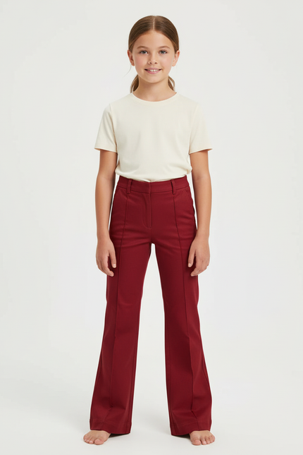 Pantalon Chino Rouge Évasé Taille Haute Élégant - Bordeaux Gabardine