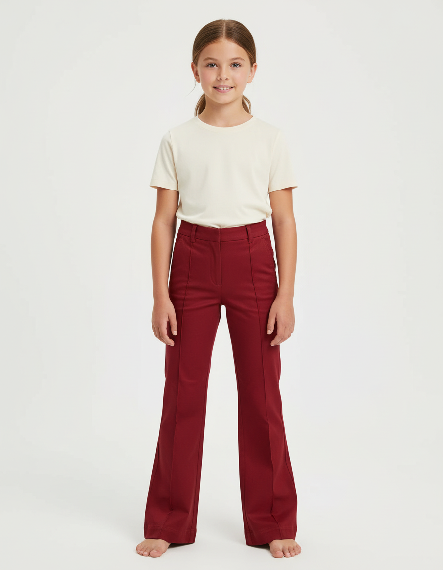 Pantalon Chino Rouge Évasé Taille Haute Élégant - Bordeaux Gabardine