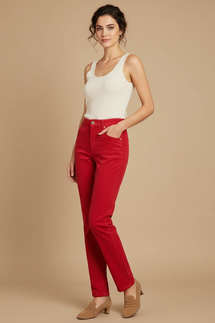 Pantalon Chino Rouge Côtelé Droit Taille Haute Femme - Cordé