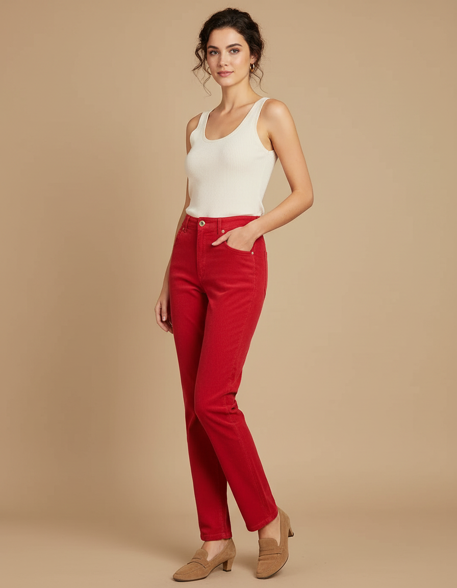 Pantalon Chino Rouge Côtelé Droit Taille Haute Femme - Cordé