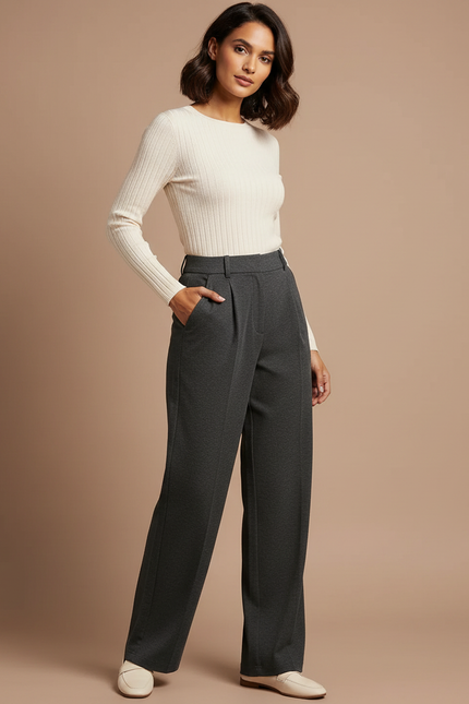 Pantalon Chino Gris Anthracite Ample Plissé Élégant Femme - Polyester