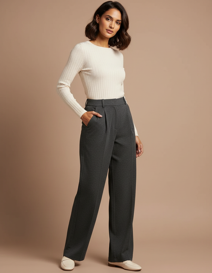 Pantalon Chino Gris Anthracite Ample Plissé Élégant Femme - Polyester
