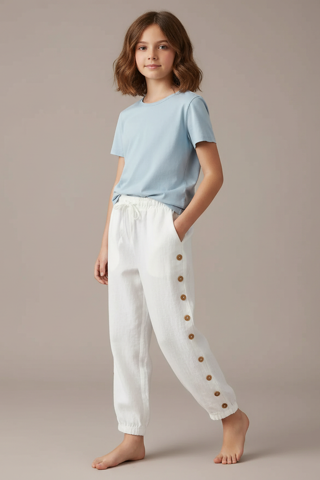 Pantalon Chino Blanc Lin Boutons Latéraux Enfant