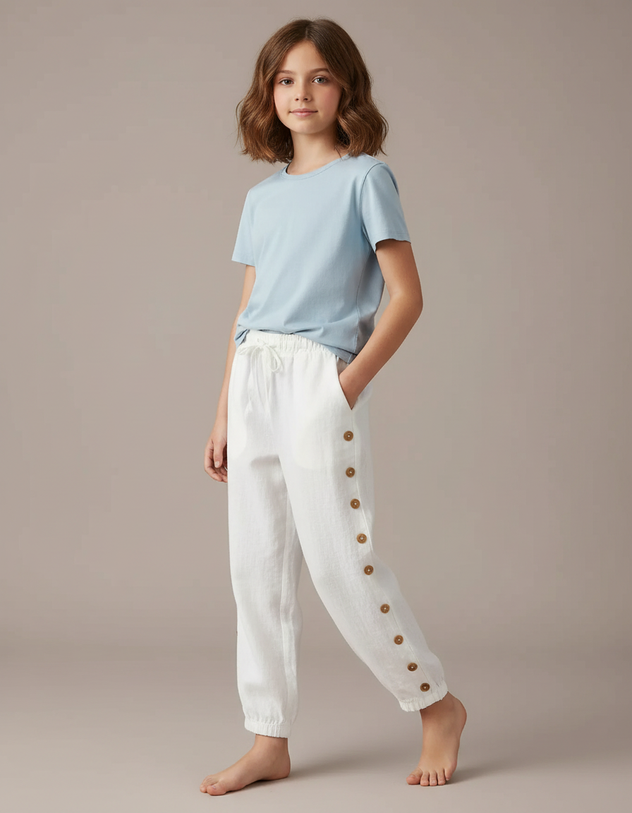 Pantalon Chino Blanc Lin Boutons Latéraux Enfant