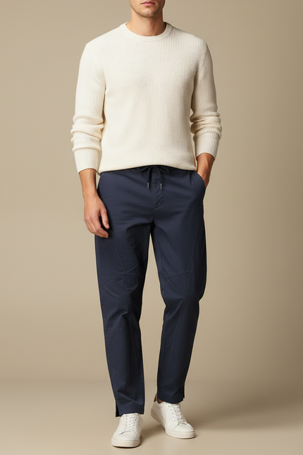 Pantalon Chino Bleu Marine Coton Décontracté Cordon Homme
