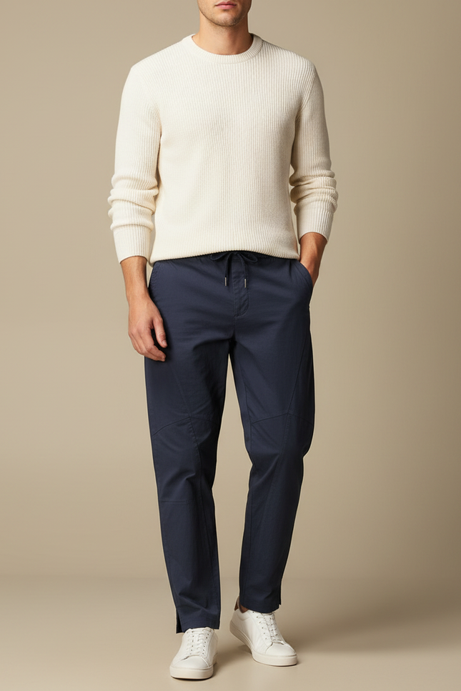 Pantalon Chino Bleu Marine Coton Décontracté Cordon Homme